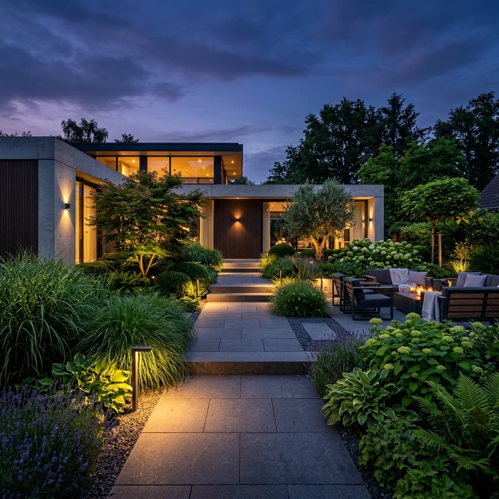 Jardín moderno con iluminación arquitectónica y riego automatizado