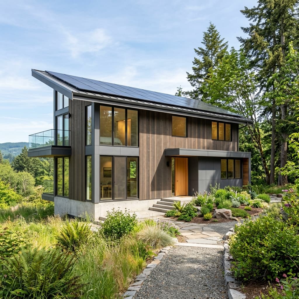 Casa moderna con diseño sustentable, paneles solares y eficiencia térmica